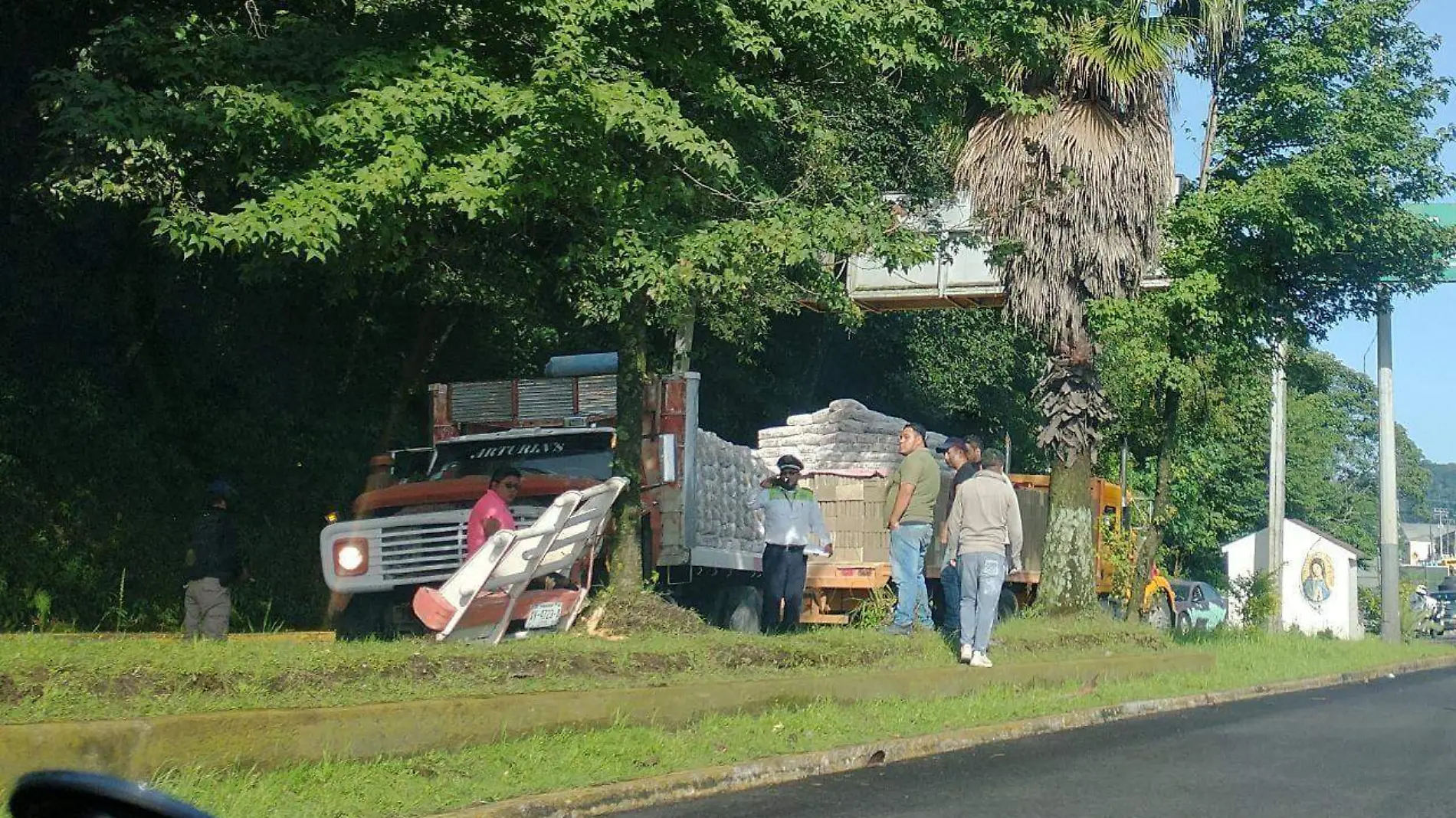 Camión cargado con cal se quedó sin frenos, terminó en el camellón